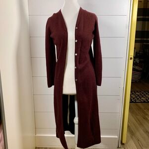 Eddie Bauer Cardigan Sweater Duster Long Burgundy Italian Merino Wool Belt READ
